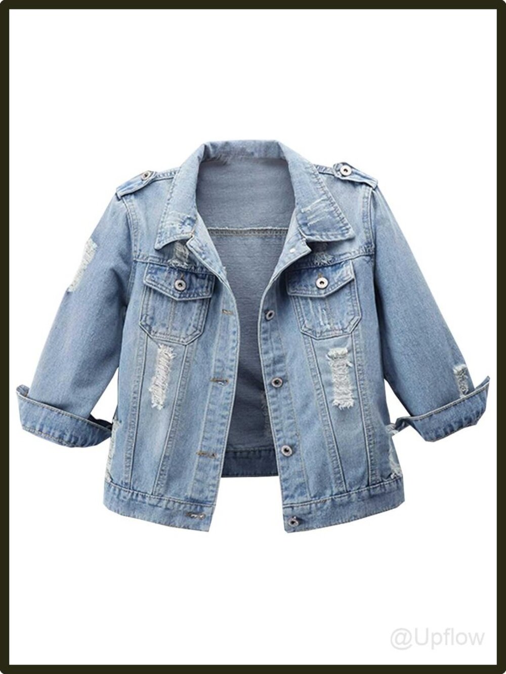 Women's Cropped Denim Jacket 3/4 Sleeve Distressed Light Blue Jean Coat Size XS